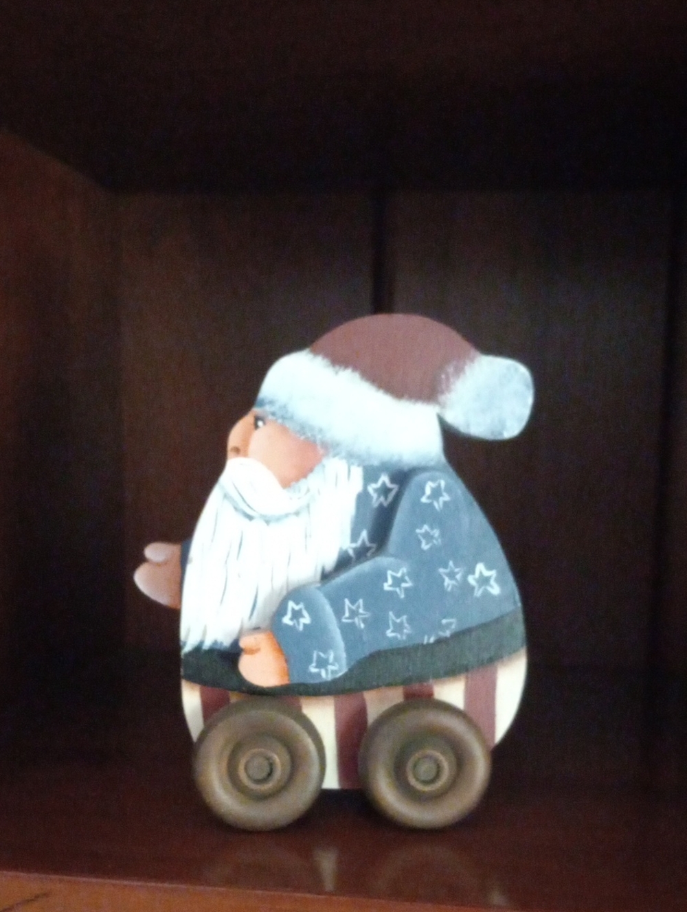 Vintage Hand Painted Wooden Patriotic Santa Claus Figurine on Wheels Folk Art